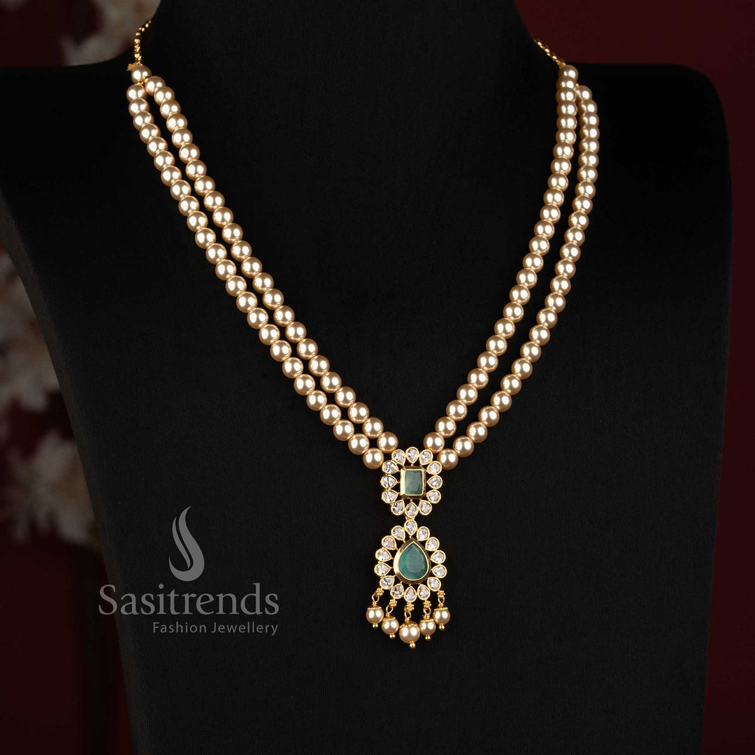Elegant Double Strand Pearl Necklace with AD Stone Teardrop Pendant - Sasitrends