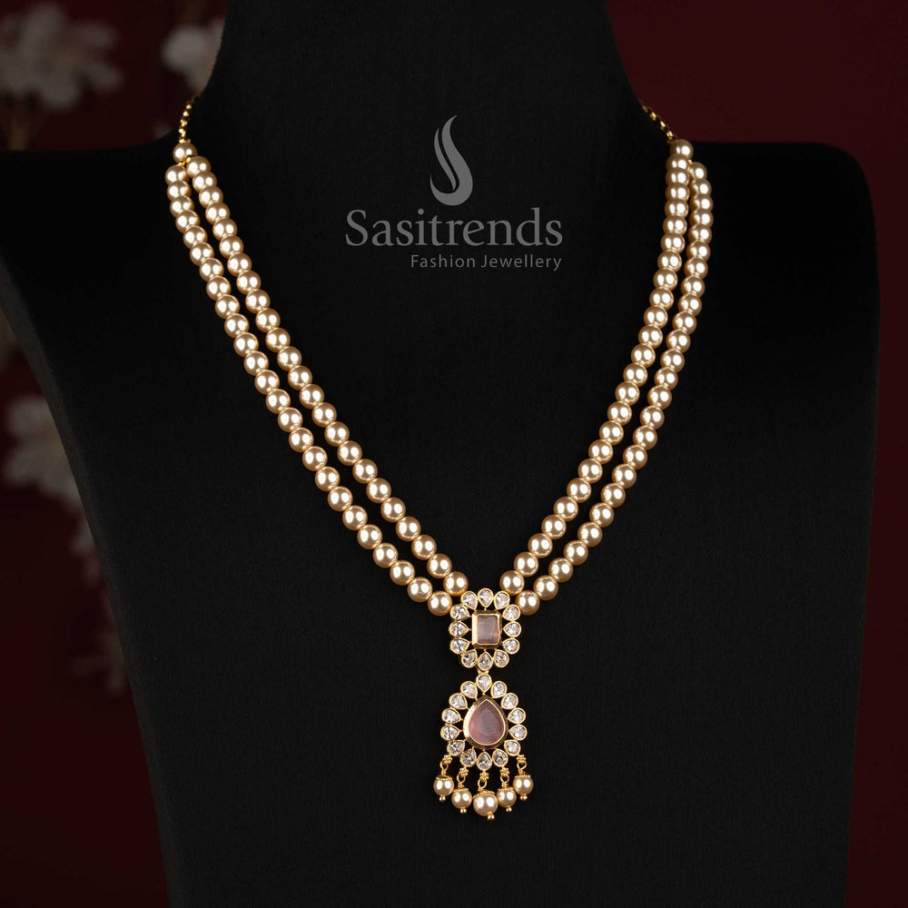 24K One Gram Micro Gold Plated Pearl AD Stone Necklace for Wedding and Festive Wear - Sasitrends