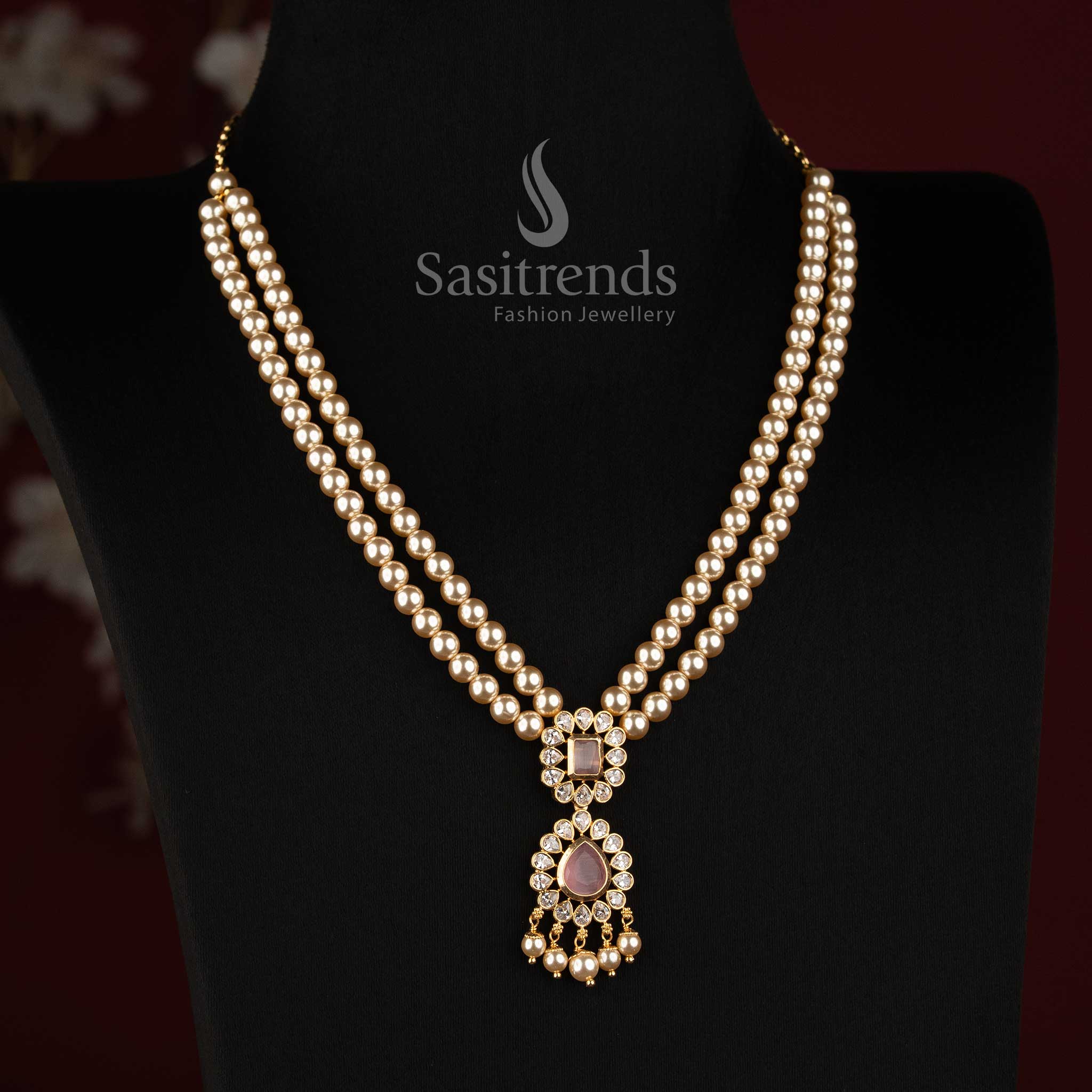 24K One Gram Micro Gold Plated Pearl AD Stone Necklace for Wedding and Festive Wear - Sasitrends