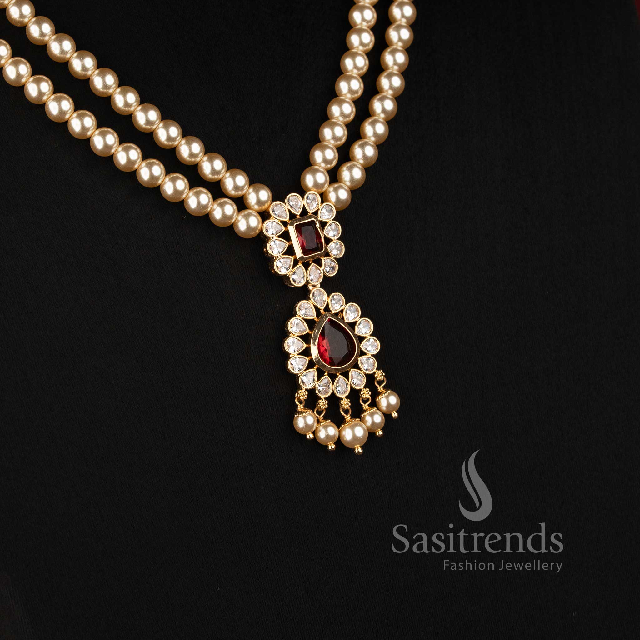 Micro Gold Plated Double Strand Pearl American Diamond Necklace for Women - Sasitrends