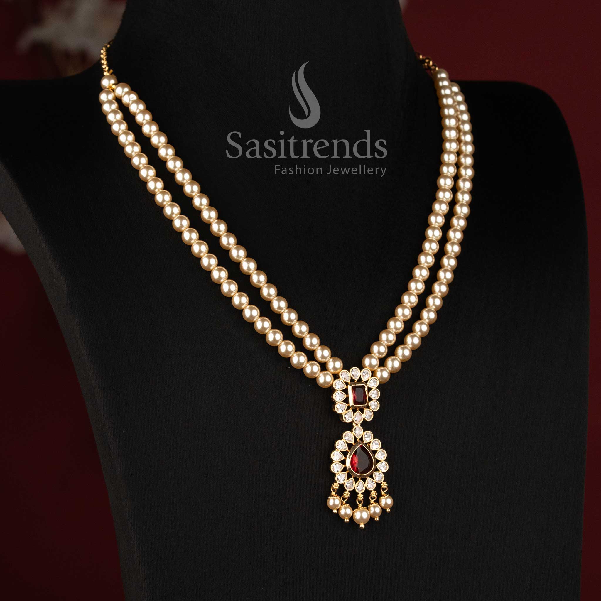 Micro Gold Plated Double Strand Pearl American Diamond Necklace for Women - Sasitrends