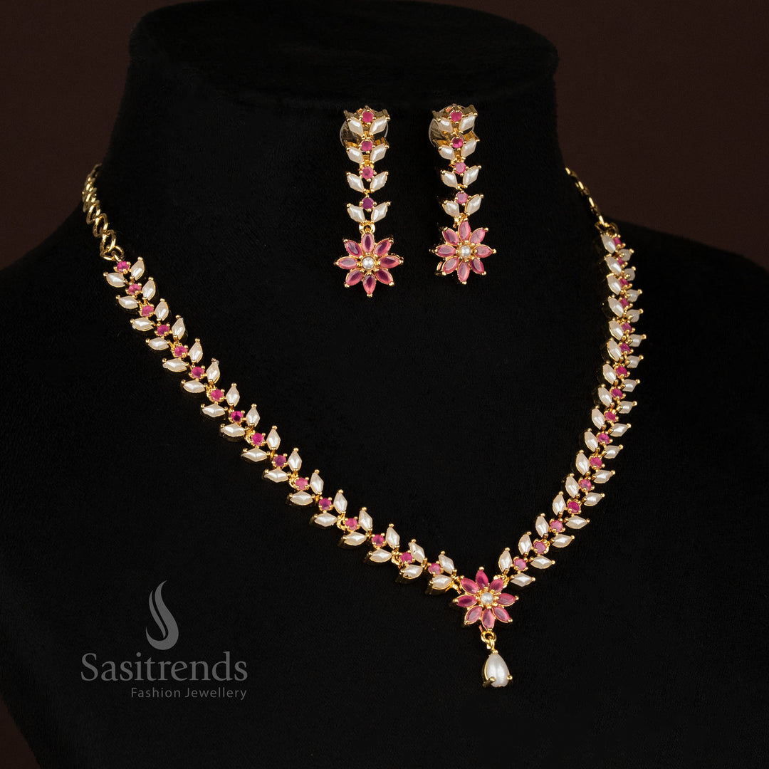 White Ruby Micro Gold Plated Pearl American Diamond Necklace Set featuring floral center and pearl drop – Sasitrends