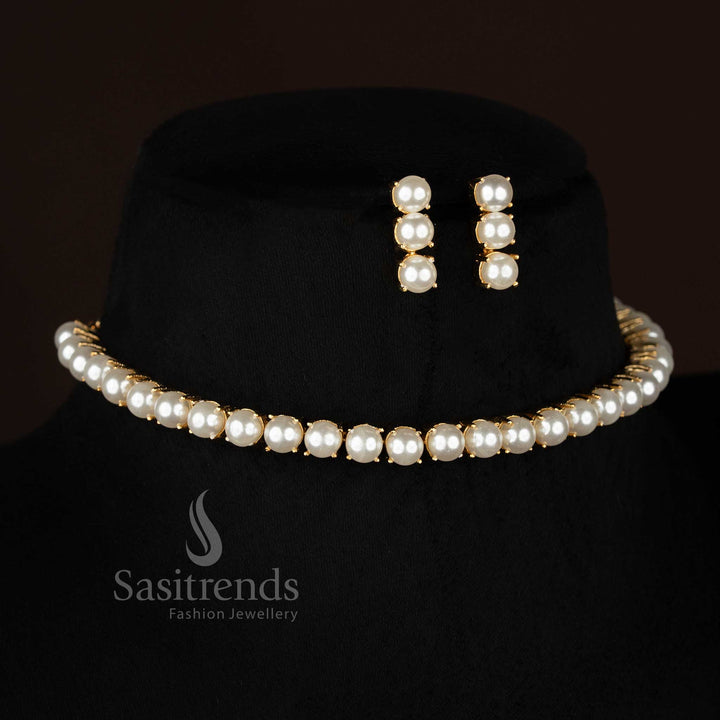 Stunning Real Gold Look Alike Micro Gold Plated Single Line Pearl Choker Necklace Jewellery Set For Special Occassions