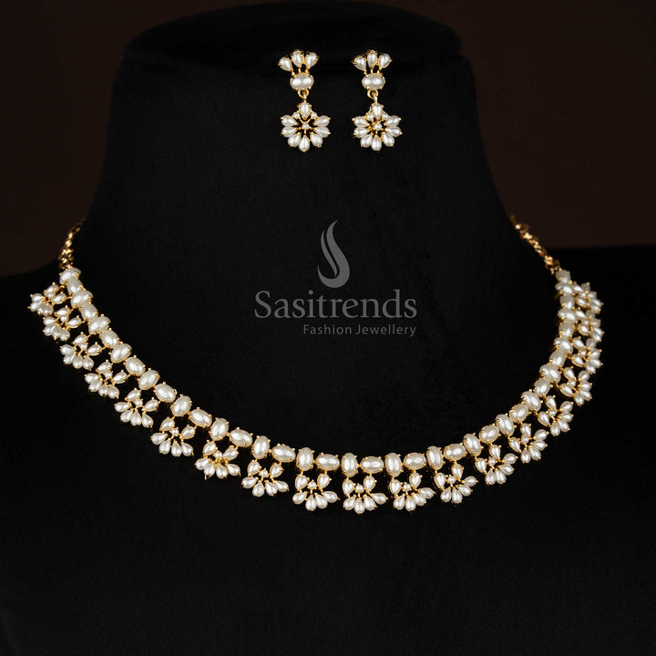American Diamond Micro Gold Plated Oval Pearl Floral Leaf Cluster Necklace Jewellery Set for Party Evenings & Elite Gatherings