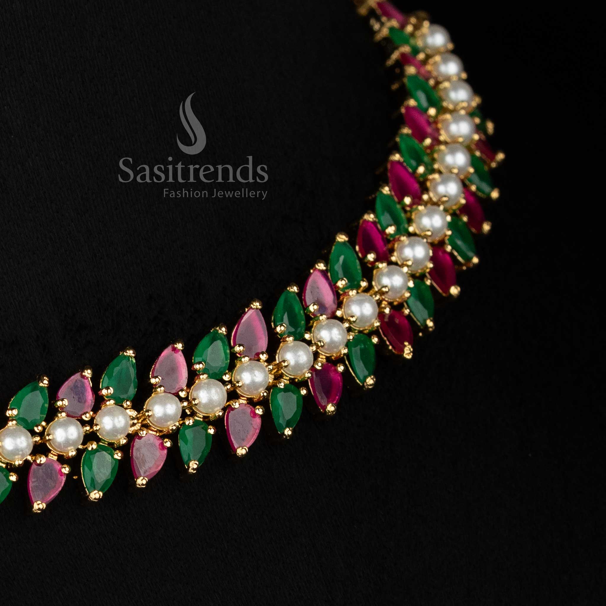 Stunning American Diamond round pearl necklace with teardrop details for gala and sparkling celebrations