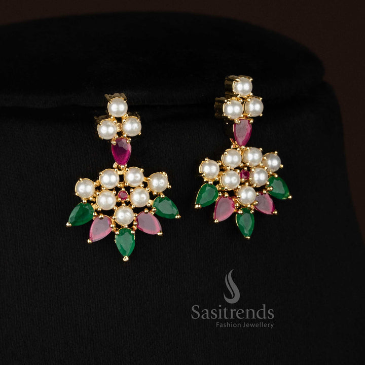 Stunning American Diamond round pearl necklace with teardrop details for gala and sparkling celebrations