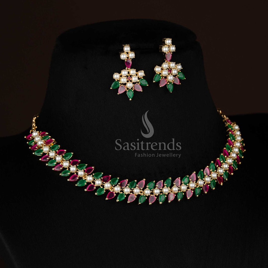 Glamorous micro gold plated round pearl necklace with sparkling American Diamond teardrop accents for evening events