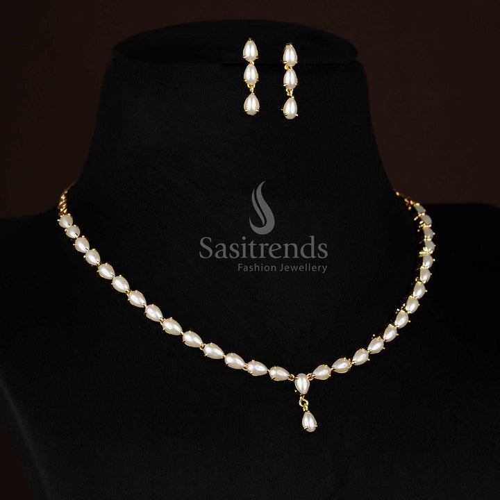 Opulent teardrop AD and pearl necklace with micro gold plated finish for ceremonies – Sasitrends