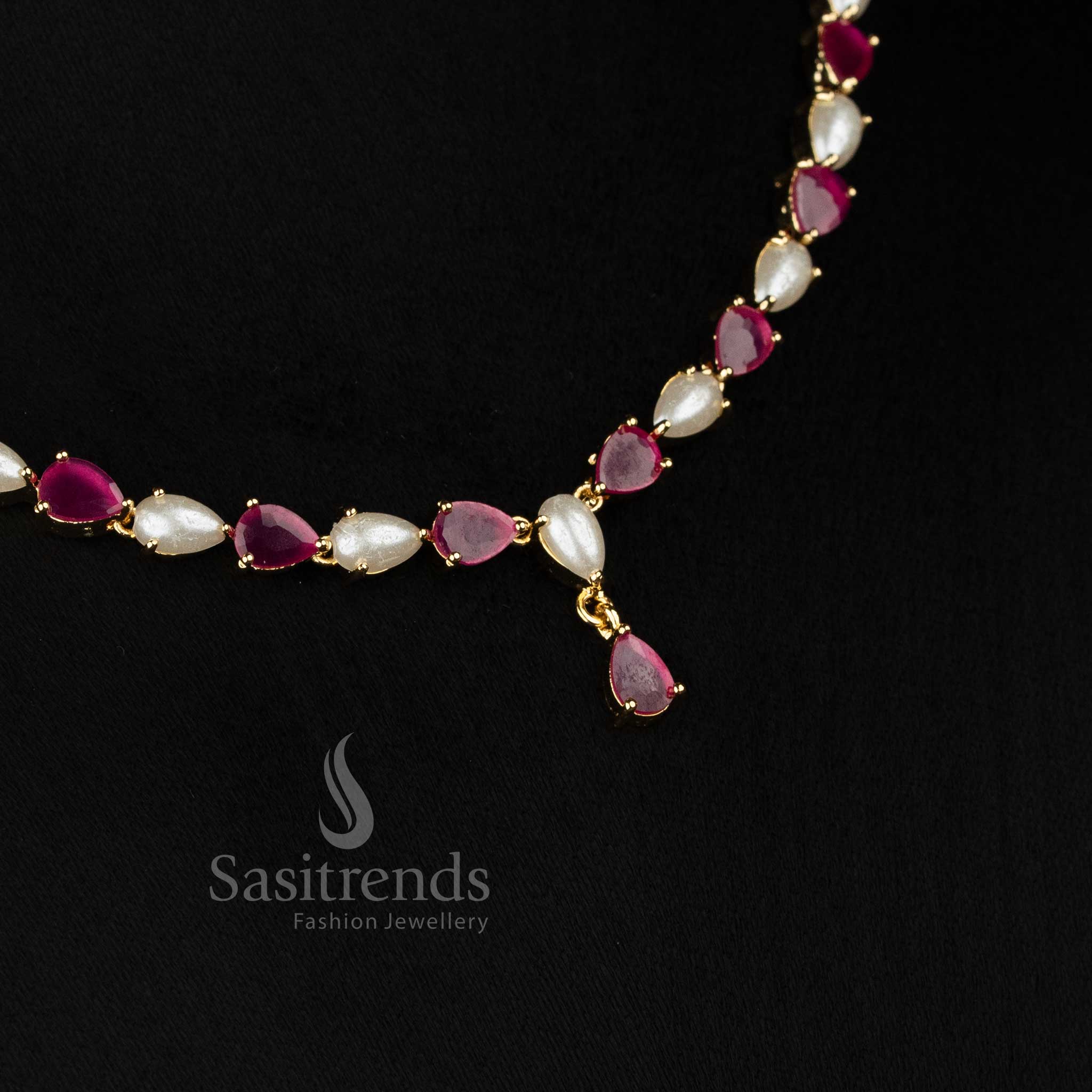 Opulent teardrop AD and pearl necklace with micro gold plated finish for ceremonies – Sasitrends