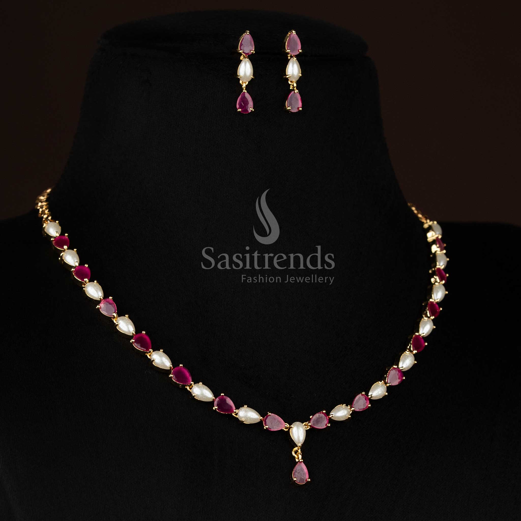 Regal micro gold plated AD & pearl teardrop necklace set for party and ethnic wear – Sasitrends