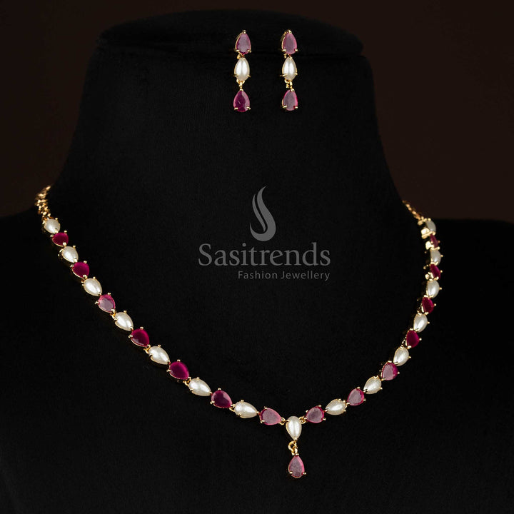 Regal micro gold plated AD & pearl teardrop necklace set for party and ethnic wear – Sasitrends