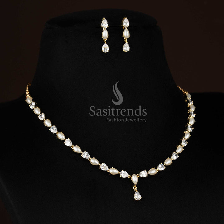 Regal micro gold plated AD & pearl teardrop necklace set for party and ethnic wear – Sasitrends