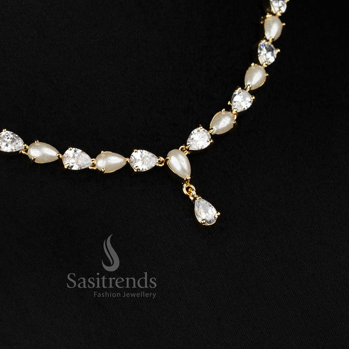 Majestic micro gold plated teardrop AD & pearl necklace set for festive weddings – Sasitrends