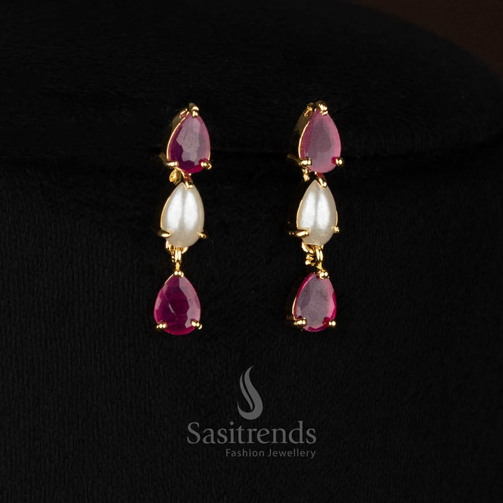 Majestic micro gold plated teardrop AD & pearl necklace set for festive weddings – Sasitrends