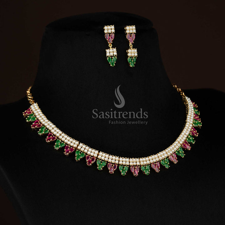 Beautiful Micro Gold Plated American Diamond Double Linear Round Pearl & Teardrop Necklace Set for Party Functions