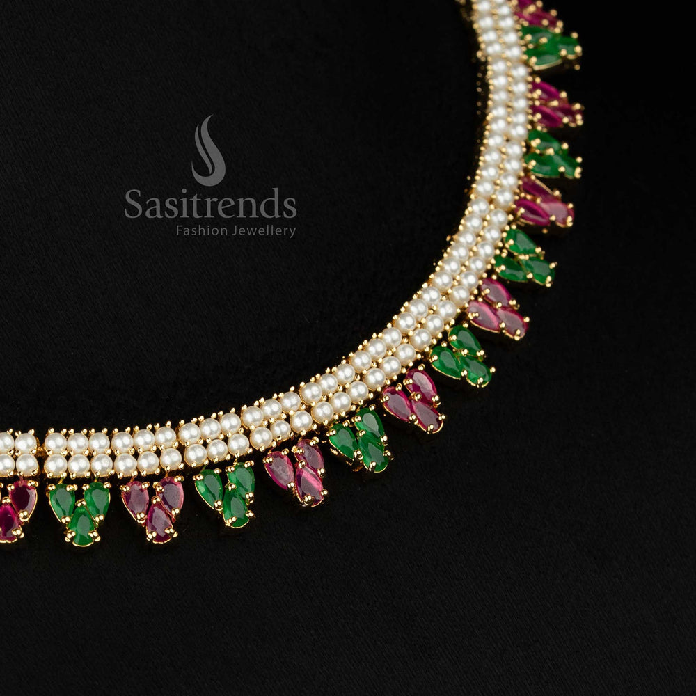 Elegant American diamond double line necklace with pearl and teardrop accents for evening functions