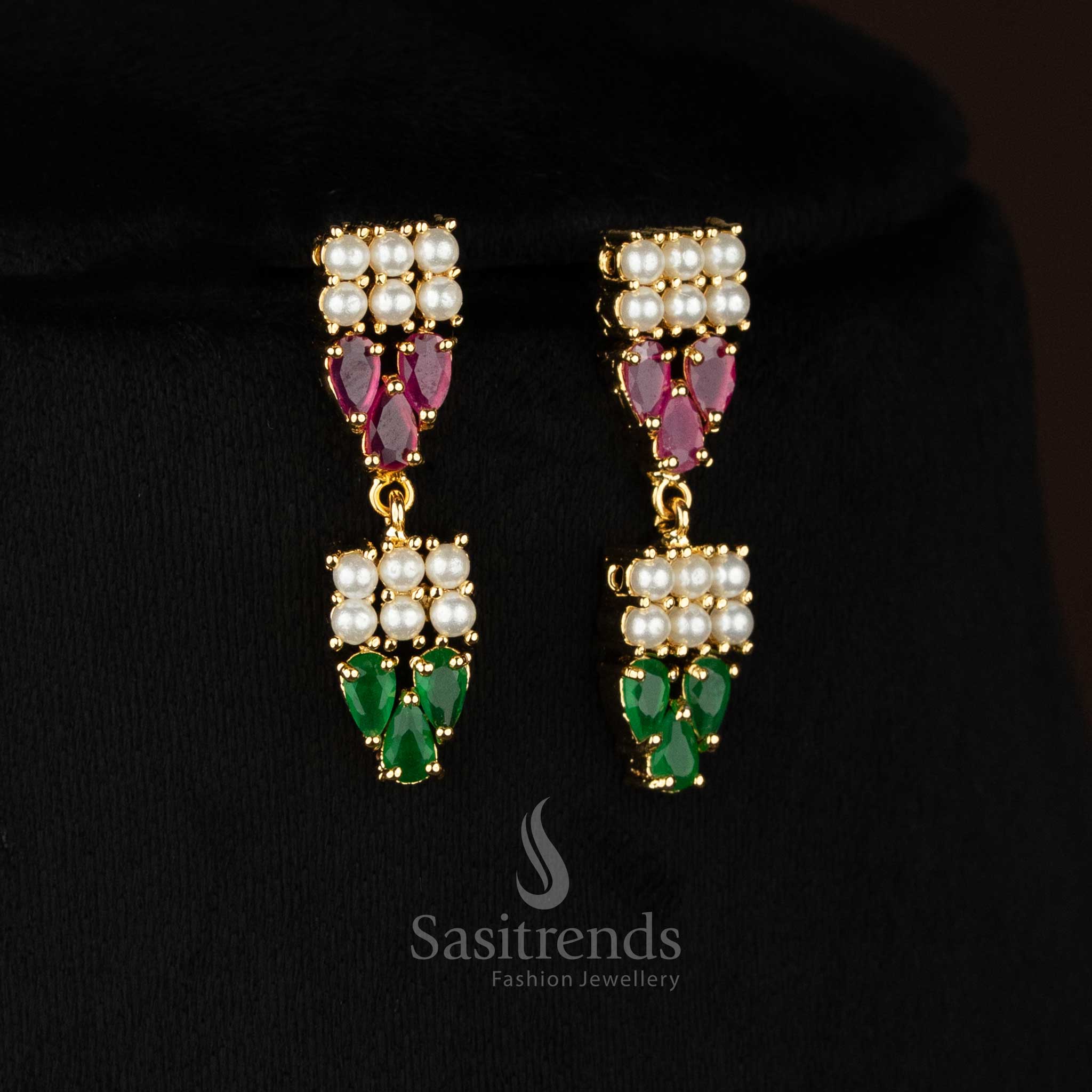 Radiance micro gold plated double linear round pearl teardrop AD necklace set for party styling