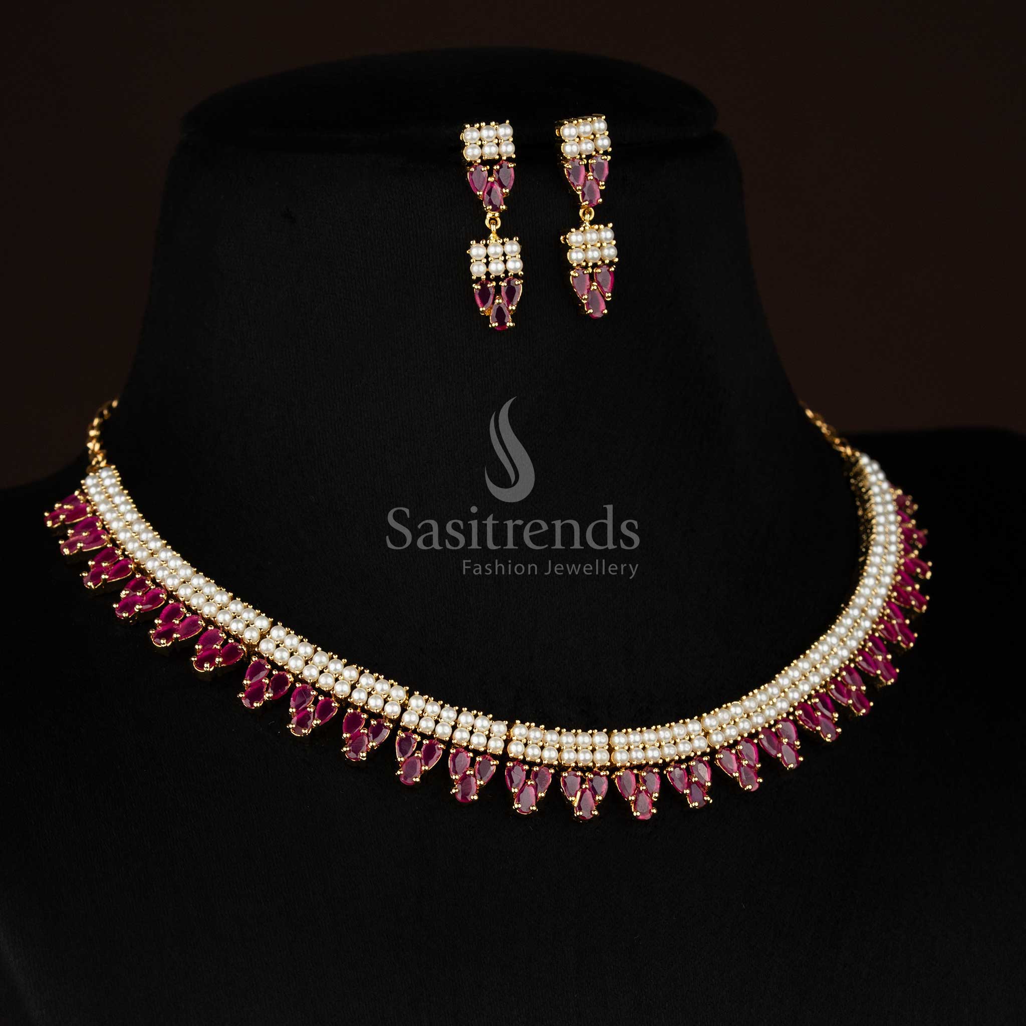 Radiance micro gold plated double linear round pearl teardrop AD necklace set for party styling