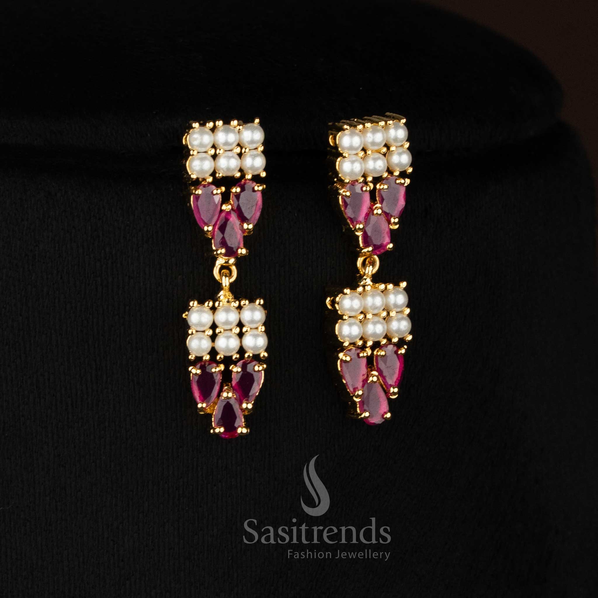 Radiance micro gold plated double linear round pearl teardrop AD necklace set for party styling