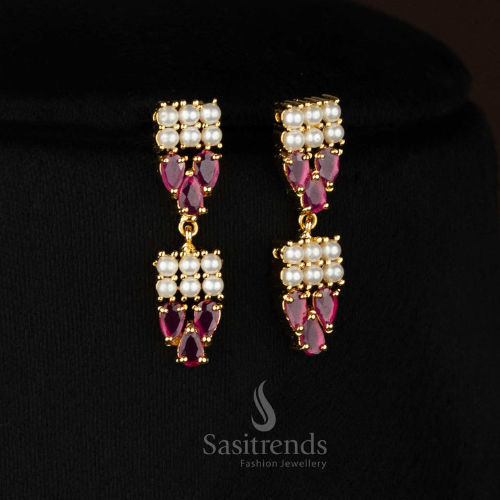 Radiance micro gold plated double linear round pearl teardrop AD necklace set for party styling