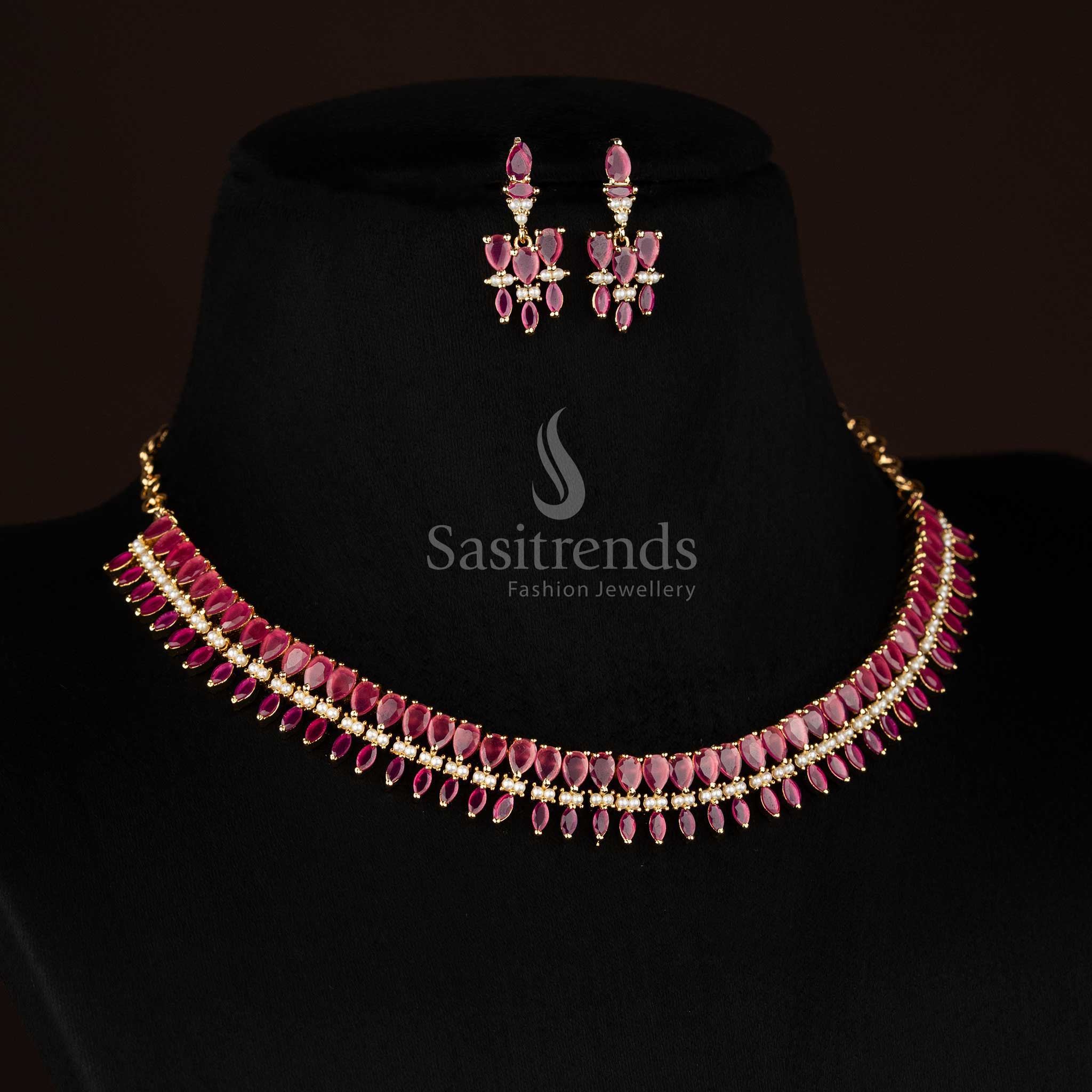 Celestial micro gold plated American diamond teardrop necklace set for party evenings