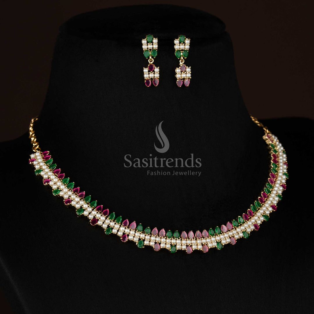 Party-ready micro gold plated marquise pearl necklace set with teardrop motifs for gala dinners