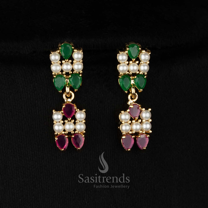 Stunning micro gold plated marquise-cut pearl necklace with teardrop American Diamond accents for cocktail evenings