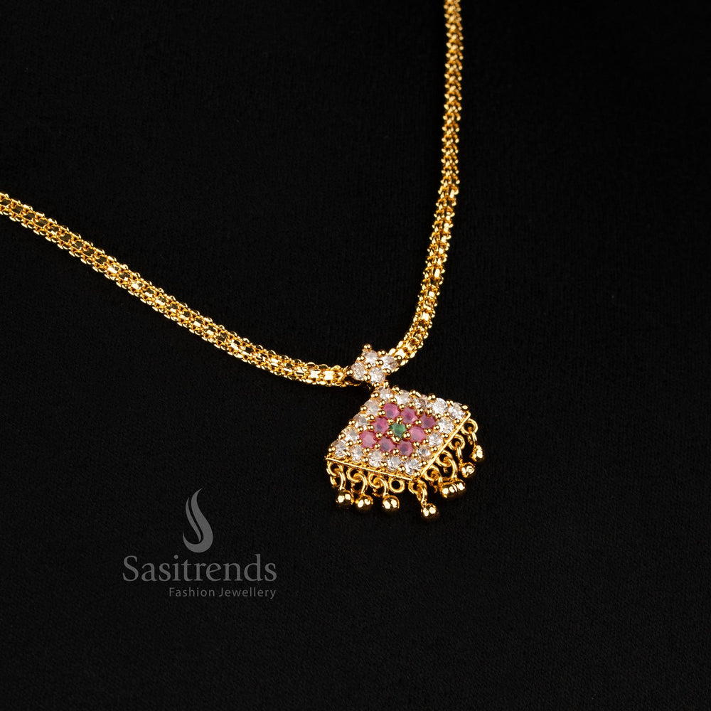 Micro Gold Plated One Gram Chain Pendant Necklace Set with Matching Earrings featuring Square American Diamond Design – Look Like Real Gold – Sasitrends