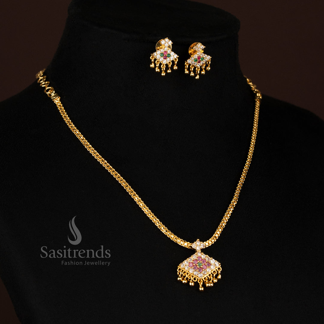 Micro Gold Plated One Gram Chain Pendant Necklace Set with Matching Earrings featuring Square American Diamond Design – Look Like Real Gold – Sasitrends