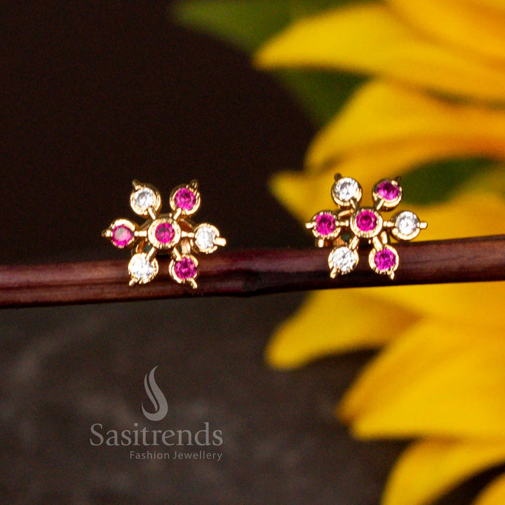Stylish 3White 3Ruby Split Tone Multi Petal Floral Design American Diamond Micro Gold Plated Stud Earrings For Function Wear Jewellery - Sasitrends