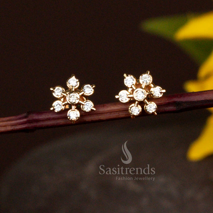 Charming White Stone Cluster Multi Petal Floral Design American Diamond Micro Gold Plated Stud Earrings For Party Wear Jewellery - Sasitrends