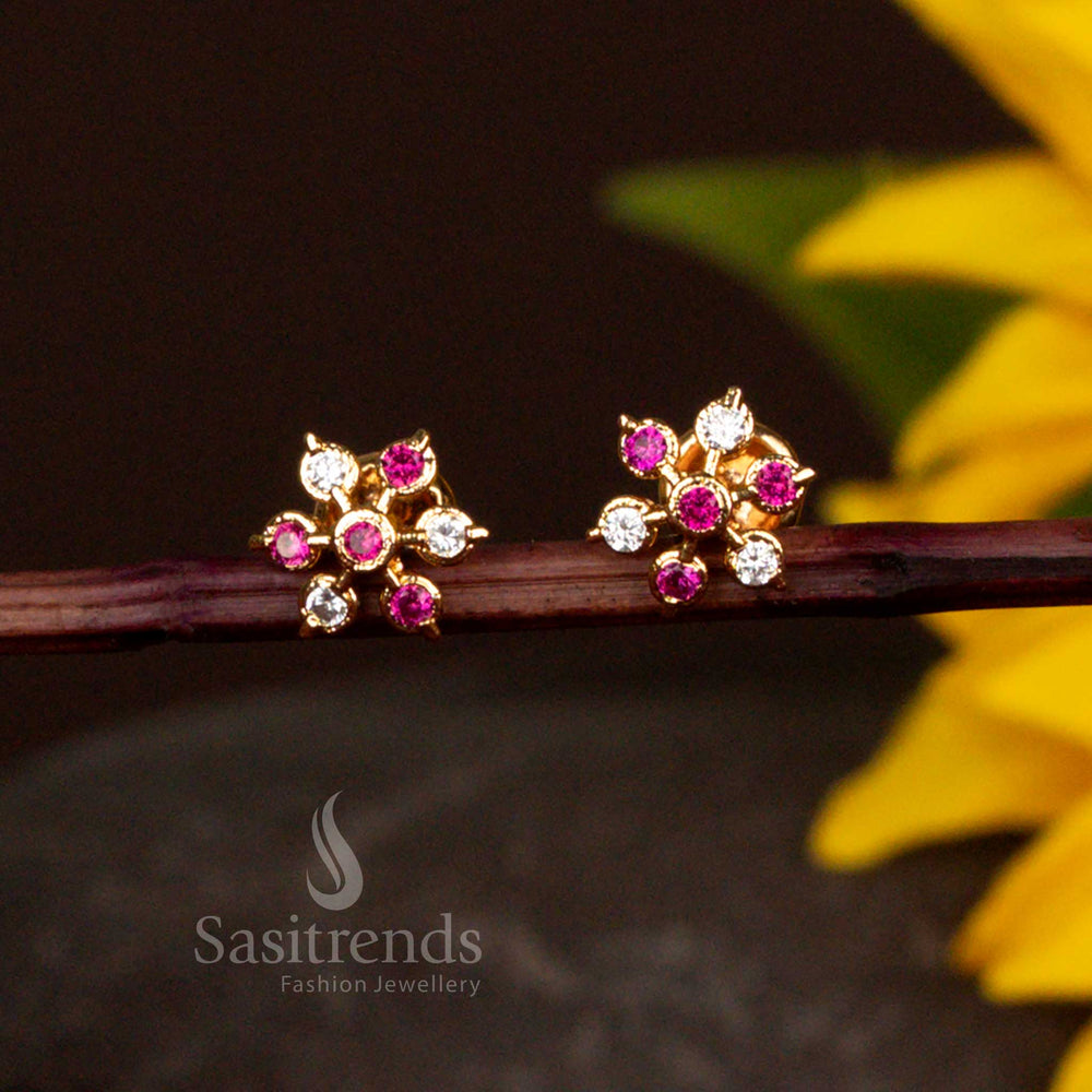 Beautiful White And Ruby Stone Multi Petal Floral Pattern American Diamond Micro Gold Plated Impon Stud Earrings For Festive Wear Jewellery - Sasitrends