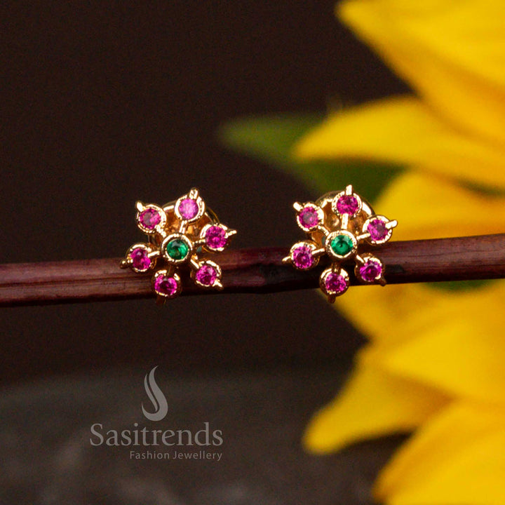 Rich Ruby And Green Multi Petal Floral American Diamond Micro Gold Plated Stud Earrings With Pearl Accents Festive Jewellery - Sasitrends