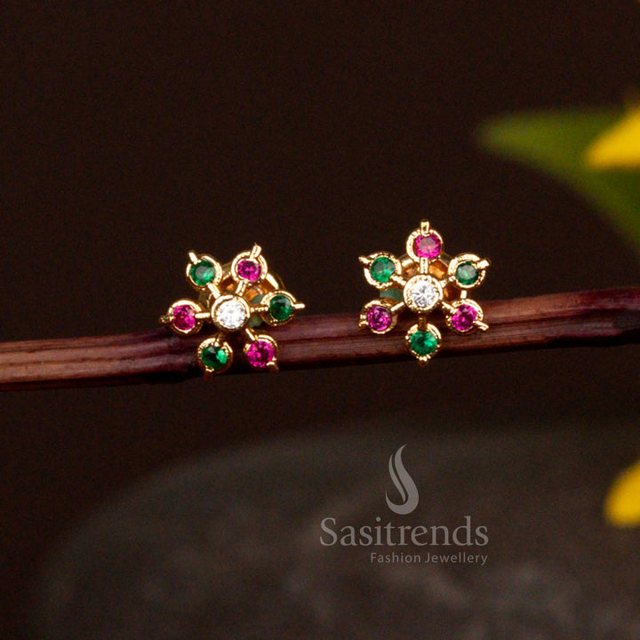 Colourful Multi Stone Multi Petal Floral Design American Diamond Micro Gold Plated Stud Earrings With Rich Cluster Look Jewellery - Sasitrends