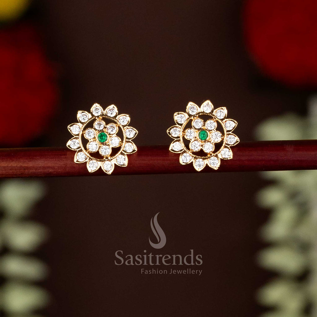 Impon Addigai Micro Gold Plated AD Stone Two-Layered Flower Stud Earrings