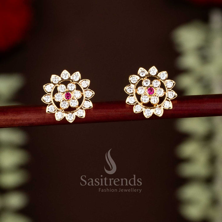 White-Ruby Impon Addigai Micro Gold Plated AD Stone Two-Layered Flower Stud Earrings