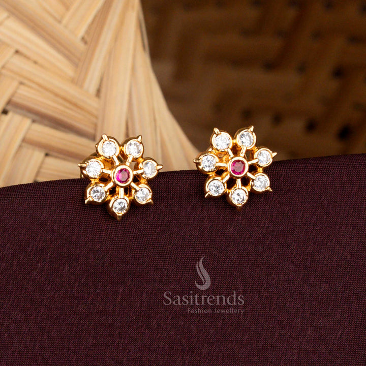 Traditional Wear Impon Addigai One Gram Micro Gold Plated Floral Stud AD Stone Earrings
