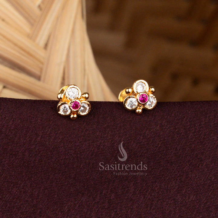 Traditional Impon Addigai Micro Gold Plated Floral AD Stone Stud Earrings
