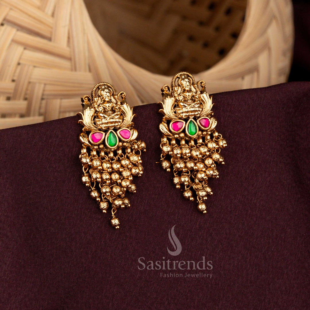 Traditional Matte Gold Lakshmi Temple Style Earrings with Ruby Stone Accents and Gold Beads – Sasitrends