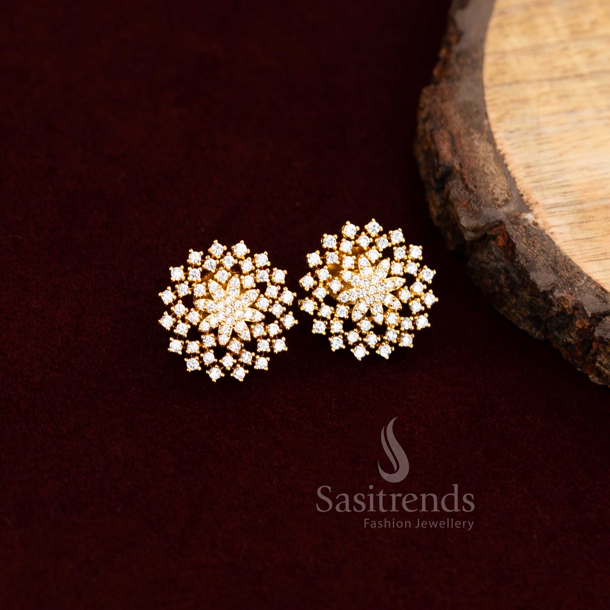 Gorgeous American Diamond Stud Earrings Highlighted With Floral Motifs And Gleaming Antique Finish – Perfect Jewellery For Evening Gatherings – Sasitrends