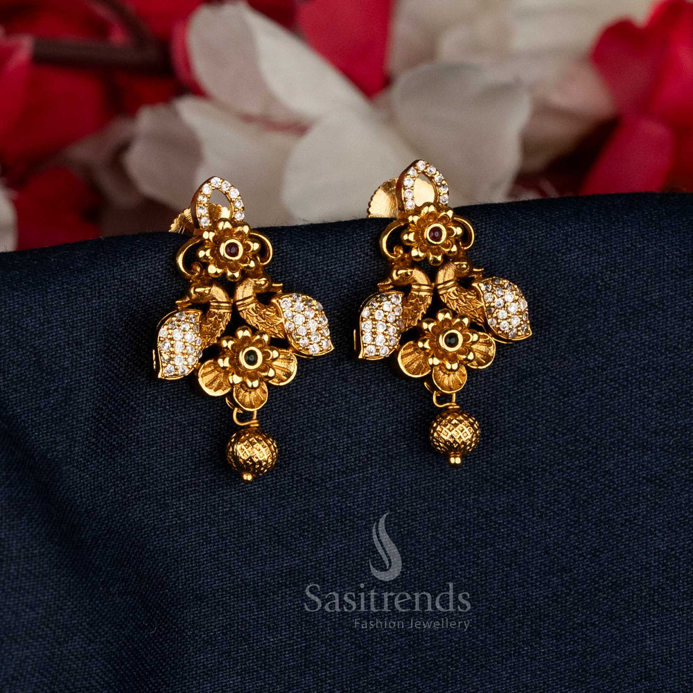 Traditional antique matte temple dual peacock floral earrings, temple wear - Sasitrends
