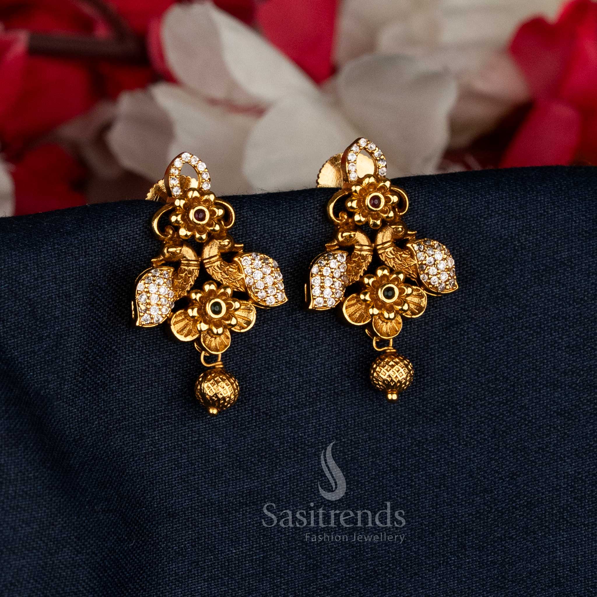 Traditional antique matte temple dual peacock floral earrings, temple wear - Sasitrends