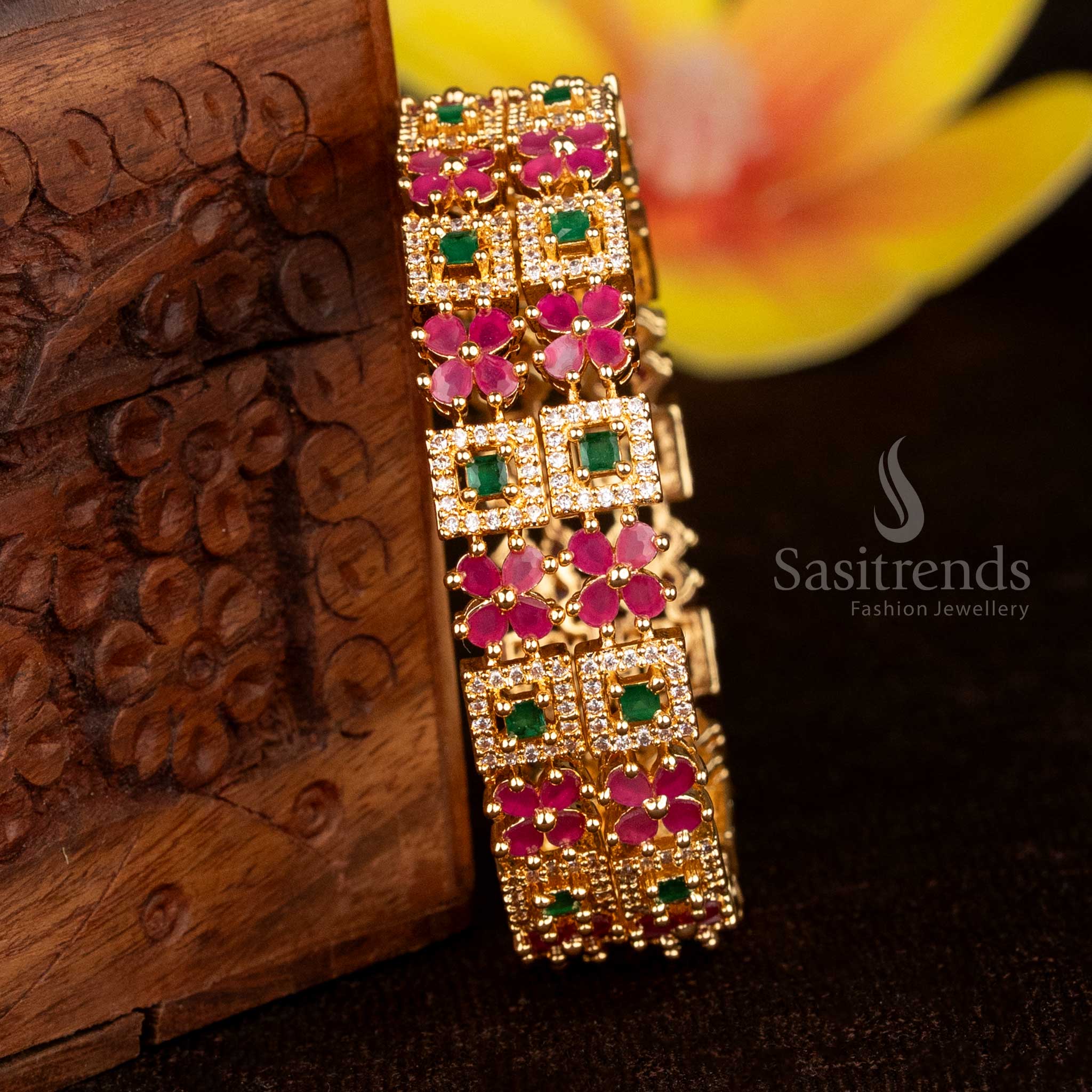 Traditional Micro gold plated American Diamond floral square design bangles - Sasitrends