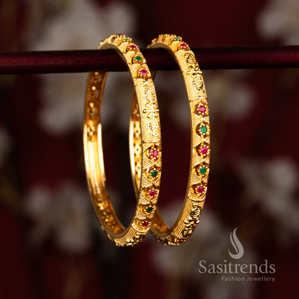 Temple inspired micro gold plated paisley flower bangles highlighted with American diamond accents in ruby green festive colour blend – Sasitrends