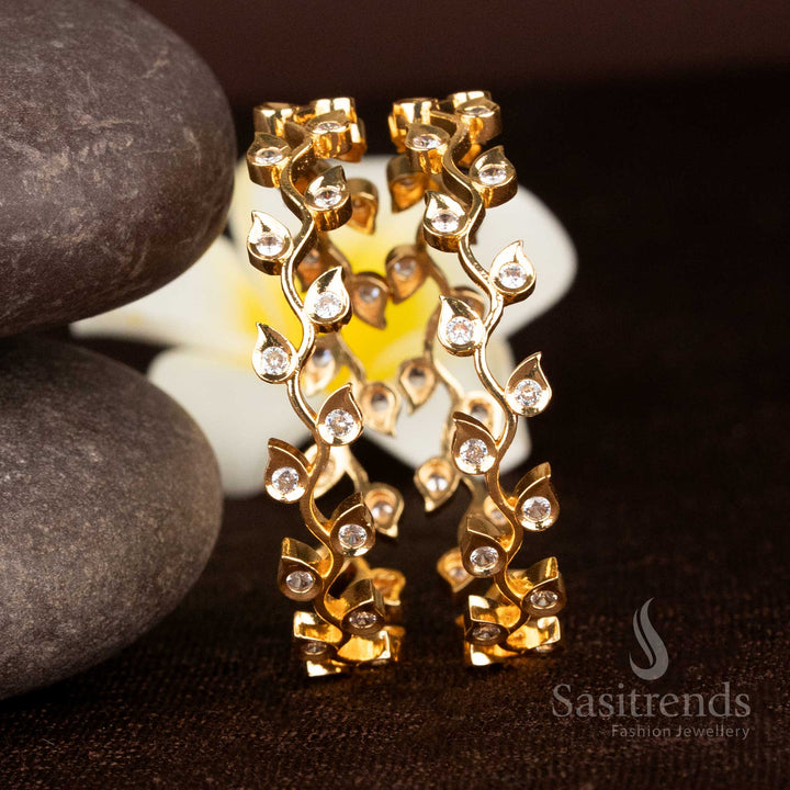 Ethereal Charm Guaranteed Micro Gold Plated American Diamond Leaf Pattern Bangles For Festive Wear