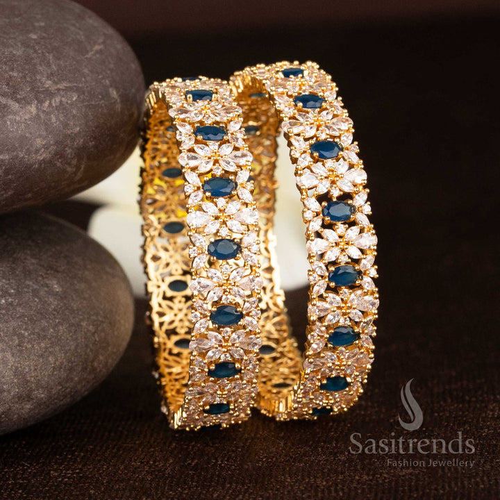 Royal Grace Guaranteed Micro Gold Plated Floral American Diamond Bangles with Oval Stone Accents