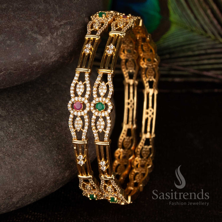 Guaranteed One Gram Micro Gold Plated American Diamond Geometric Panel Bangles | Look Like Real Gold