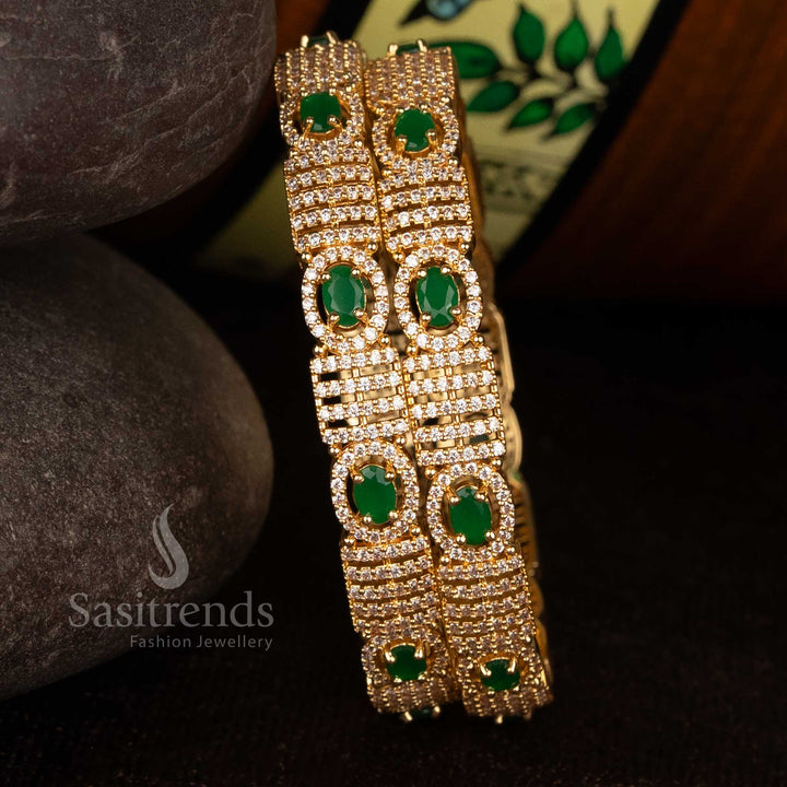 Graceful white green American Diamond micro gold plated oval stone bangles set of 2 ideal for celebration events - Sasitrends
