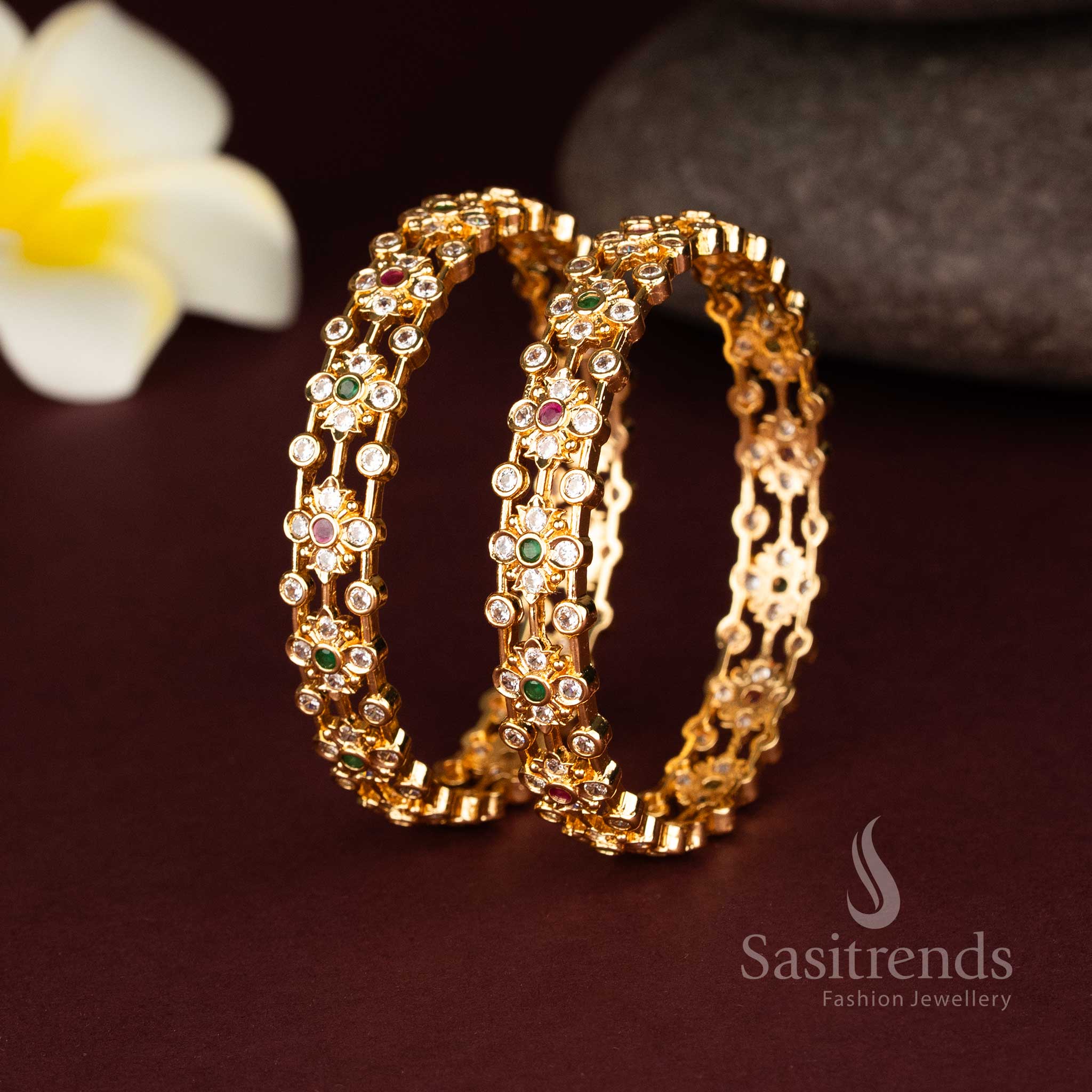 Sparkling American Diamond and one gram gold plated bangles for festive ethnic styling