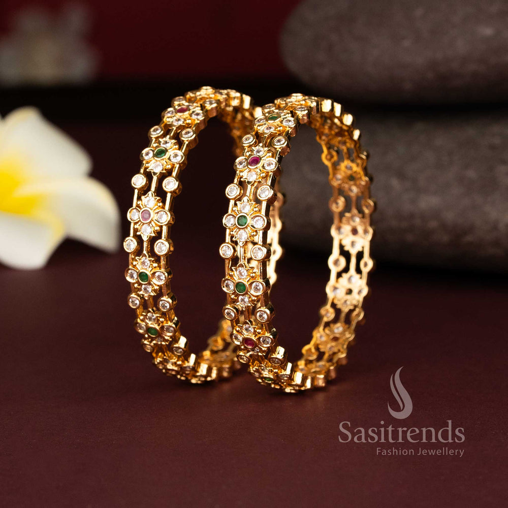 Sparkling American Diamond and one gram gold plated bangles for festive ethnic styling 